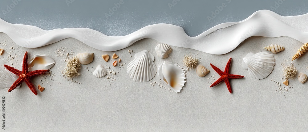 Fototapeta premium Colorful seashells and starfish located on a beach with white sand and blue water wave, viewed from above during daytime