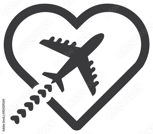 Love travel icon with an airplane flying through a heart leaving a trail of hearts