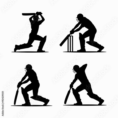 Four essential cricket batting stances illustrated in black and white silhouettes isolated on white background, Vector, illustration