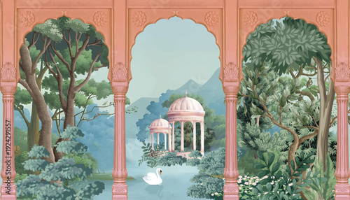 Vintage classical Roman garden, flower botanical tree and flower for wallpaper