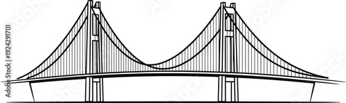 Suspension Bridge Minimal Line Art – Two Towers Single Cable Arc Black Outline Vector Illustration