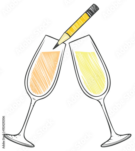 Conceptual sketch of a pencil coloring two toasting champagne flutes