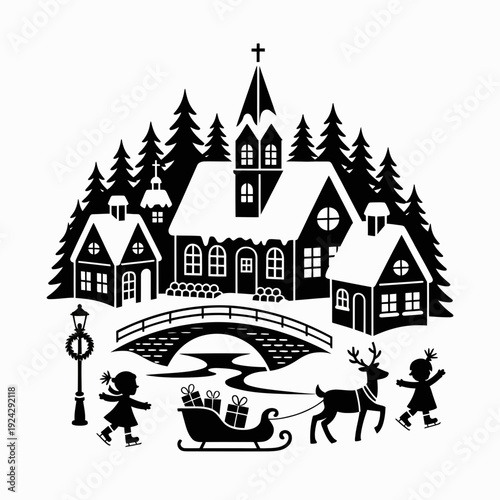 Whimsical winter village scene with horse-drawn sleigh and skiers isolated on white background, Vector, illustration