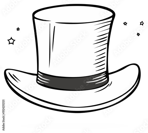 Hand-drawn illustration of a black top hat with a ribbon and stars, suggesting magic and performance.