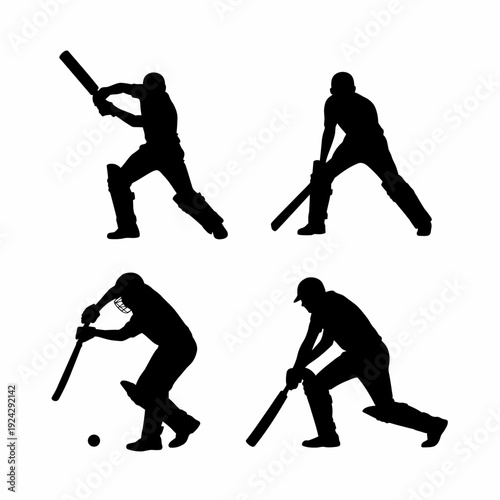 Four silhouettes demonstrating cricket batting and bowling techniques in action isolated on white background, Vector, illustration