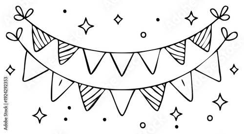 Hand Drawn Festive Banner with Decorative Stars in Black and White Outline