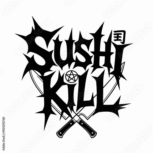 Edgy logo design featuring sushi and crossed kitchen knives with a bold tagline isolated on white background, Vector, illustration