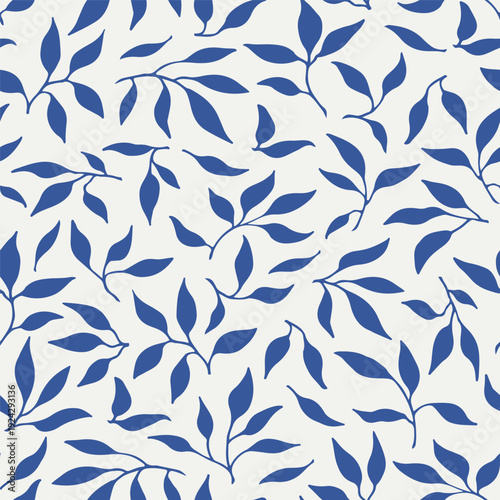 Fotografie Elegante Vector seamless pattern decorative twigs with leaves elements, blue silhouette on beige