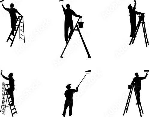 Six black silhouettes of painters on ladders with rollers and brushes.