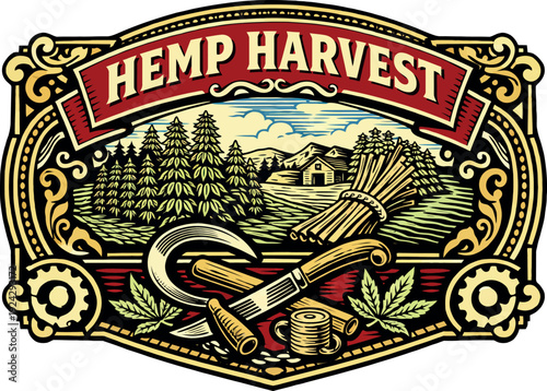 Hemp Harvest Vintage Farm Craft Badge EPS