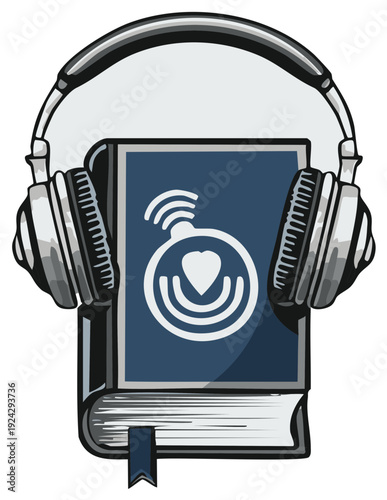 Audiobook icon with headphones over a book symbolizing learning and entertainment