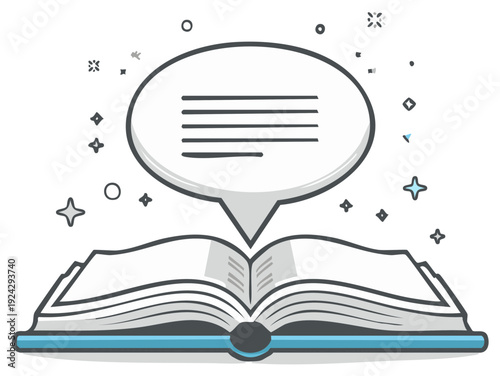 Open book with speech bubble above it, illustration promoting reading and learning
