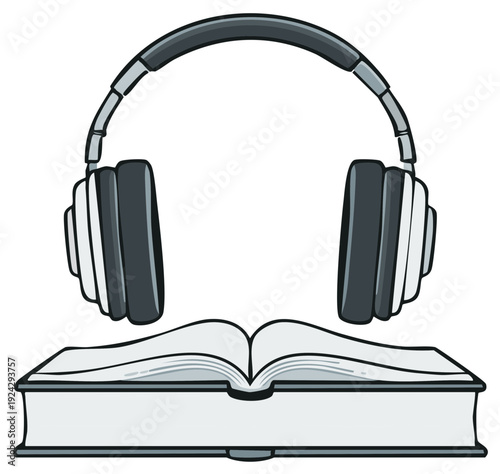 Illustration of a book open with headphones on top, audio book or listening concept