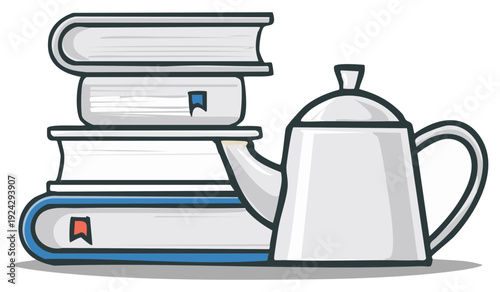 Stack of Books Next to a Classic White Teapot with Blue Trim Illustration