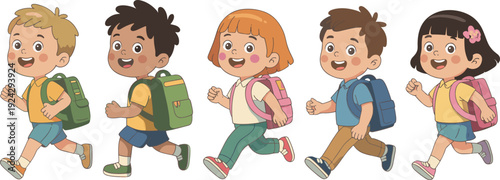School children illustration, kids with backpacks vector, happy students clipart, educational artwork design, childhood learning icons, back-to-school cartoon