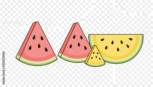 Colorful cartoon watermelon slices on transparent background.