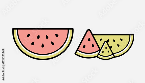 Cartoon watermelon slices with seeds and rind.