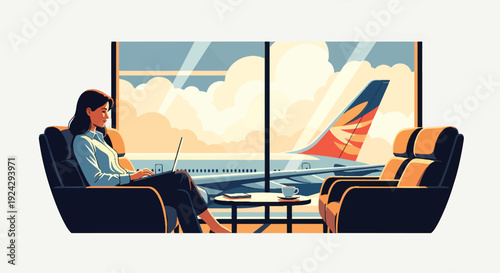 Woman working on laptop in airport lounge.