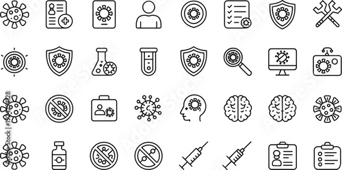 Virus healthcare icons, medical research vector, laboratory science clipart, vaccine illustration artwork, immunity protection symbols, infectious disease design set