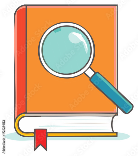 Cartoon illustration of a closed orange book with a red bookmark and a magnifying glass, symbolizing research and learning.