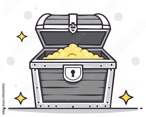 Open treasure chest overflowing with gold coins and sparkling gems, cartoon illustration.