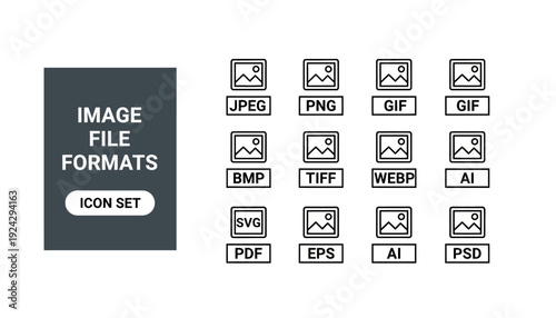 Set of icons representing various image file formats.