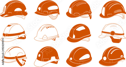 Safety helmet icons, construction gear vector, protective headwear illustration, industrial worker clipart, occupational safety design, hard hat artwork collection