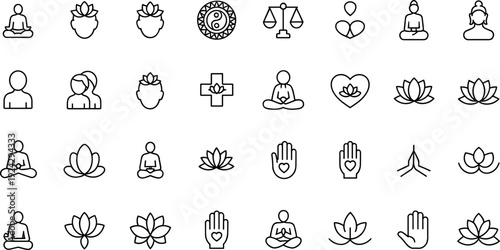 Meditation, wellness, mindfulness line icons set, lotus flower, yoga pose, yin-yang, heart hands, spirituality, balance, holistic healing, mental health illustration