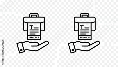 Two identical black line icons of a hand holding a briefcase with an invoice.