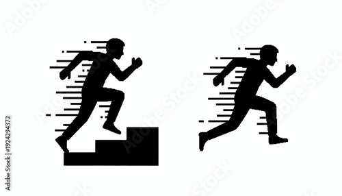 Silhouette of a man running up stairs and on flat surface.