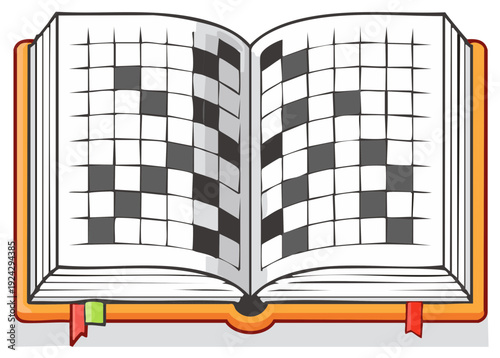 Open book with crossword puzzle grid and filled squares creating a pattern