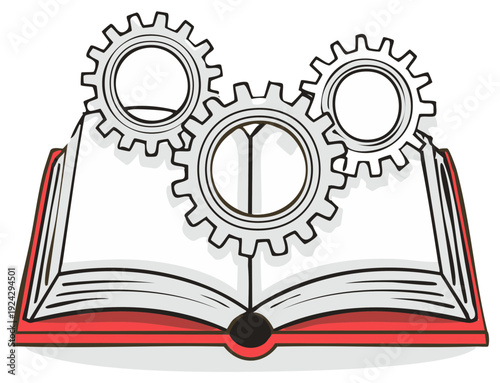 Open Book With Interlocking Gears Illustration Symbolizing Knowledge and Mechanism