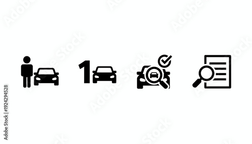 Car buying process icons set with person and vehicle.