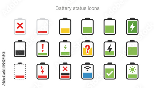 Collection of various battery status icons for different charge levels and conditions.