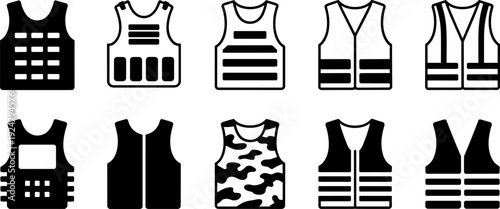 Protective vest icons, safety gear silhouettes, tactical vest vector, bulletproof design clipart, construction safety illustration, military equipment artwork, occupational protection symbols