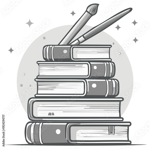 Stack of Books with Paintbrushes Representing Learning and Creative Arts in Line Art Style