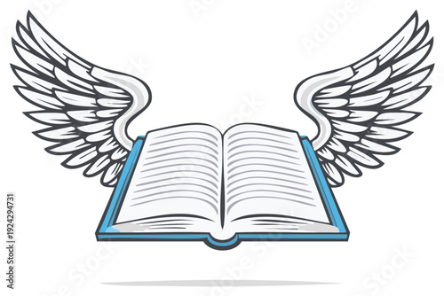 Flying Open Book with Angel Wings Unleashing Knowledge and Imagination Vector Graphic