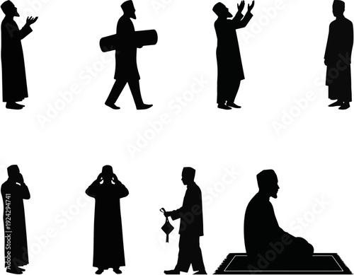 Silhouettes of Muslim men performing various prayer rituals and religious practices, including standing, raising hands, carrying a mat, and sitting on a prayer mat.