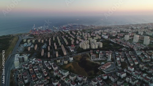 Aerial footage of buildings in Istanbul's Esenyurt and Beylikdüzü districts; empty streets during the pandemic. Drone footage of crowded Istanbul, skyscrapers. Images from ports during the pandemic.