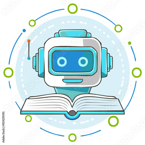 Cartoon robot character with open book, surrounded by design elements. Conceptual illustration.