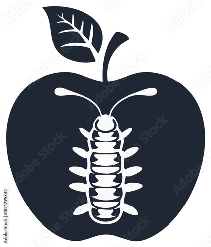 Symbolic Silhouette of a Centipede Emerging from a Dark Apple with a Leaf