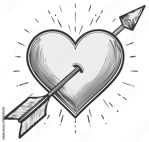Heart pierced by arrow illustration in vintage engraving style