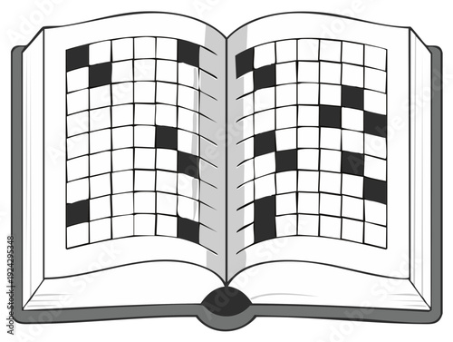 Open book filled with crossword puzzles in black and white illustration