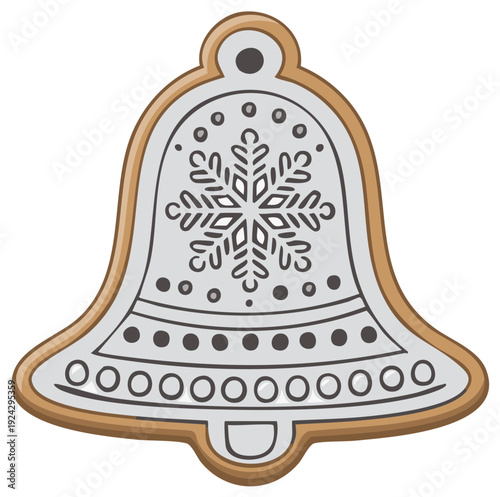 Holiday bell shaped gingerbread cookie decorated with a snowflake, ideal for Christmas, Winter, and New Year celebrations