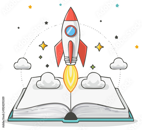 Book Opening with Rocket Launching Illustration Depicting Knowledge and Imagination
