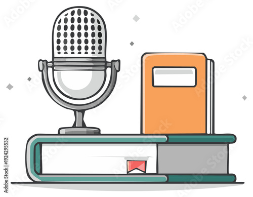 Retro microphone and stack of books illustration, concept podcast and audiobooks