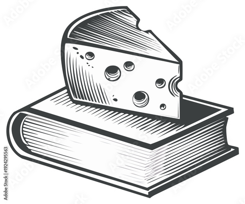 Engraved Cheese Wedge Slice Resting on Top of a Book Illustration Design Concept