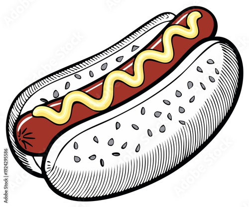 Classic Hot Dog with Mustard in a Bun Vintage Style Illustration
