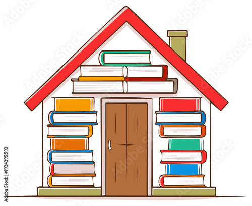 Creative house shape made from stacked books forming walls and roof