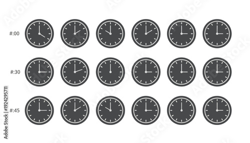 Collection of analog clocks showing different times on white background.